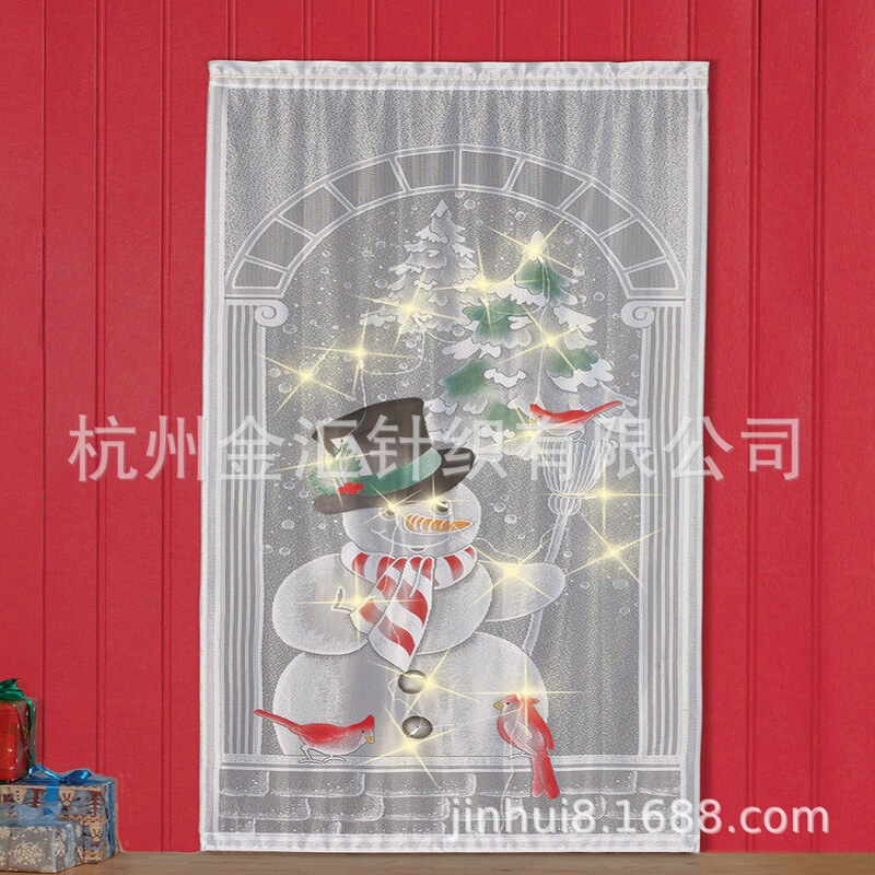 Christmas Curtain Lace Door Curtain Spray Flower Snowman Lace With Light Curtain LED String Light 40x 84 Christmas Tree Decoration