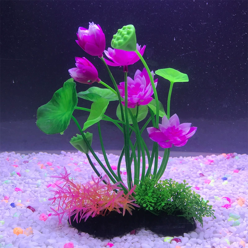 Plastic aquarium, realistic aquatic plants, artificial lotuses