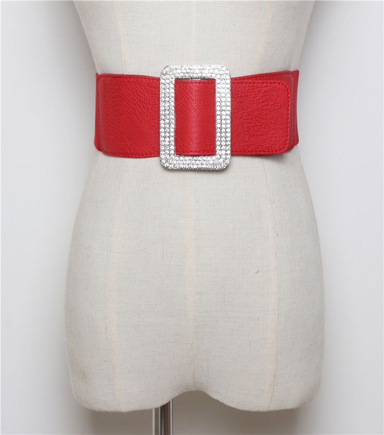 Moda todo partido flash diamante plata hebilla cuadrada cintura elástica pu cuero corsé cinturón con vestido ancho cintura sello de una sola pieza entrega