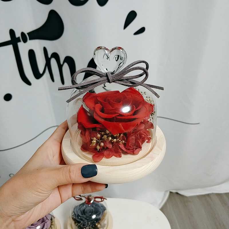 Flor melocotón corazón Eternal Rose Navidad Tanabata Día de San Valentín regalo eterna flor cubierta de vidrio en stock al por mayor
