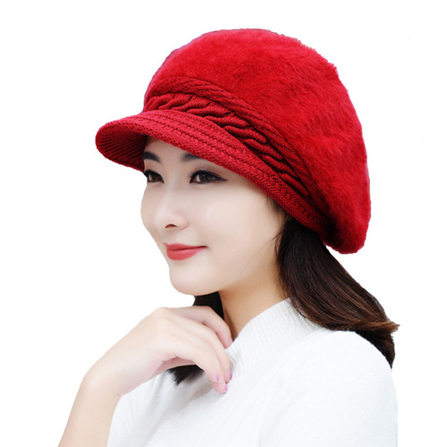 帽子女士冬季新款韩版兔毛帽纯色鸭舌帽保暖针织毛线帽毛绒妈妈帽
