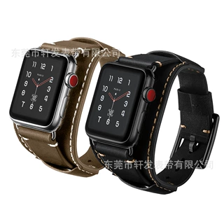 适用苹果apple watch12345678SE手表表带疯马皮手镯表带头层牛皮