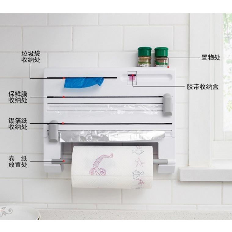 Seis en uno cortador de envoltura de plástico rollo de papel bolsa de basura cinta de papel de estaño estante de almacenamiento de cocina