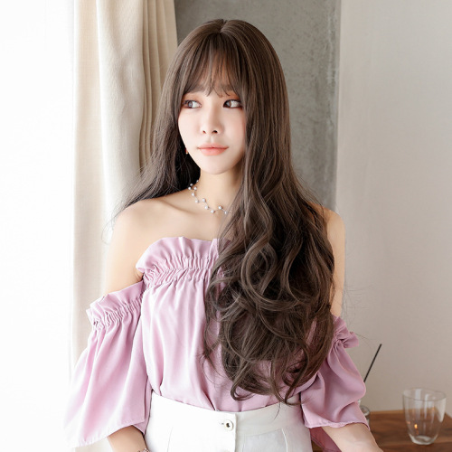 Wig for women with long hair, slightly curly long curly hair, big waves, fluffy, natural and realistic Korean chemical fiber wig wig set