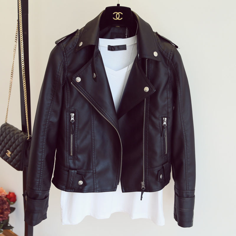 Leather Women's Short Spring and Autumn PU Leather Jacket Korean Fashion plus size Women's Slim-fit Lapel Student Motorcycle Leather Jacket