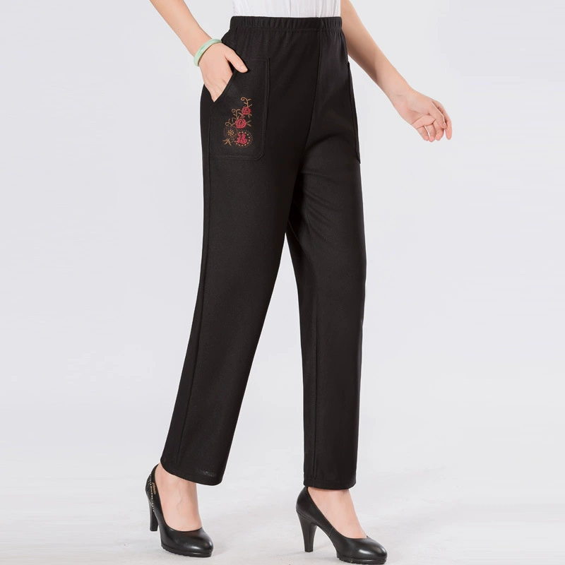 Женские брюки среднего и пожилого возраста, весенне-осенние свободные брюки для пожилых людей с эластичной талией, большие размеры, прямые повседневные брюки для мам с высокой талией