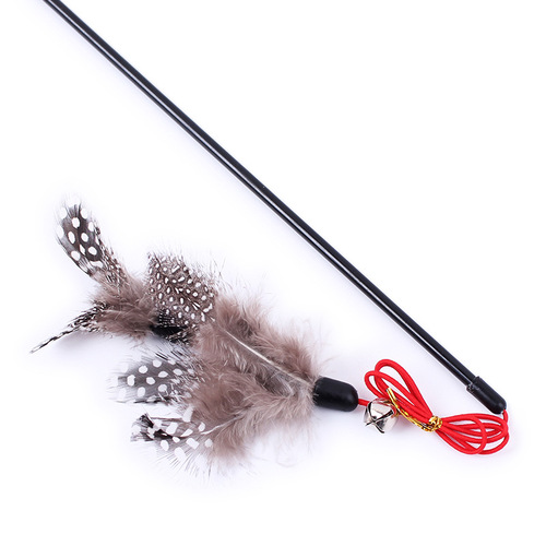 Plastic Cat WAND with Pearl Feather Double Layer Chain, Black Rod, Red Rope with Bell, Wholesale Cat Toy