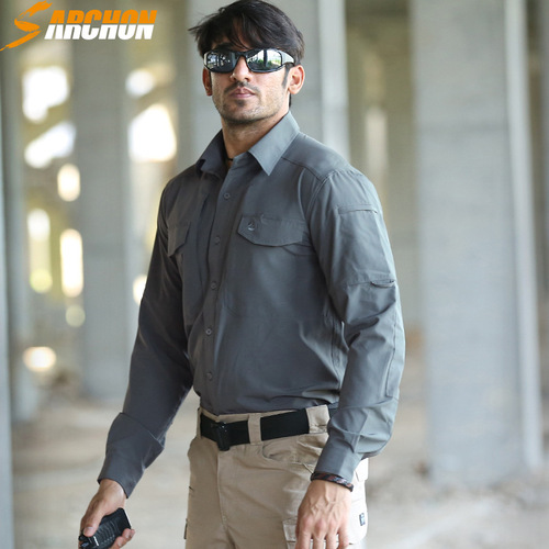 Angken Spring and Autumn outdoor long-sleeved tactical shirt men's ultra-thin breathable multi-pocket quick-drying shirt lapel mountaineering jacket