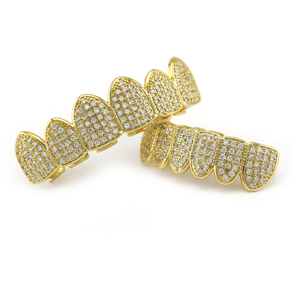 18K chapado en oro 4A micro-con incrustaciones de circón hip hop diamante-incrustado oro tirantes para hombres y mujeres Halloween dientes falsos parrillas