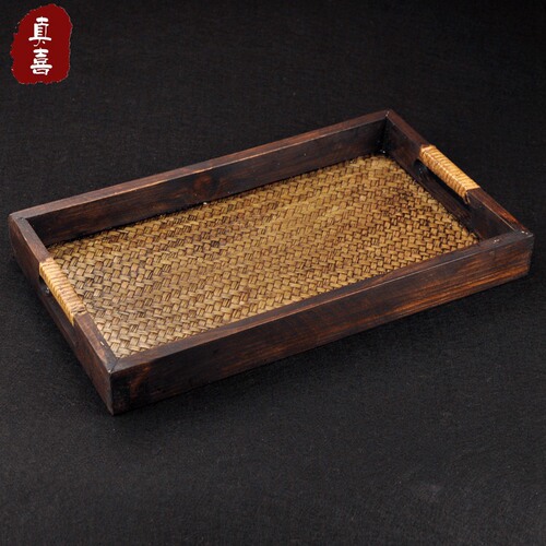 Woven Bamboo Wooden Tray Tea Tray Storage Bamboo Woven Tea Tray Thai Creative Home Retro Handle Bamboo Rattan Storage Essential Oil