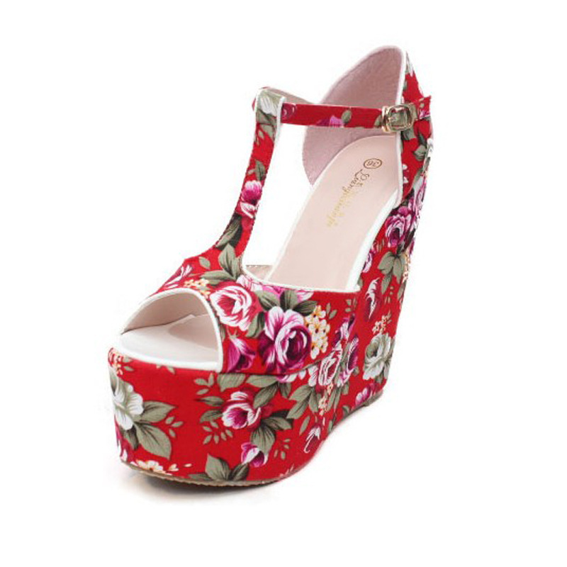 Sandal nữ đế dày Bohemian in họa tiết dân tộc, gót 15 cm, mùa hè — Màu đen