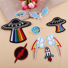 Embroidery patch with computerized floral stitching, stylish DIY colorful UFO lightning rocket clothing decoration patch