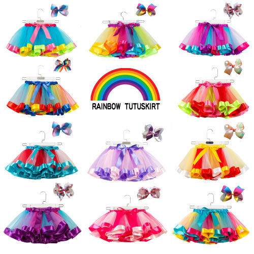 European and American-style mesh rainbow tutu skirt | Kids' tulle half-body princess dress | Includes a bow headband – perfect baby dress