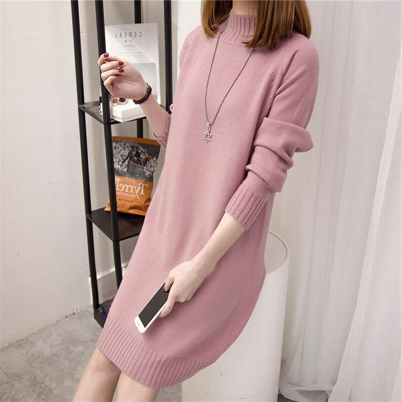 K New Women's Half-turtleneck Pullover Sweater; Loose Midi Dress; Women's Knit Dress As A Base Layer. No Necklace Or Other Accessories_voghion.com