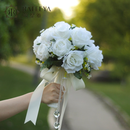 Bouquet bride ribbon beaded Korean wedding simulation rose bouquet photo studio bride bouquet shooting props