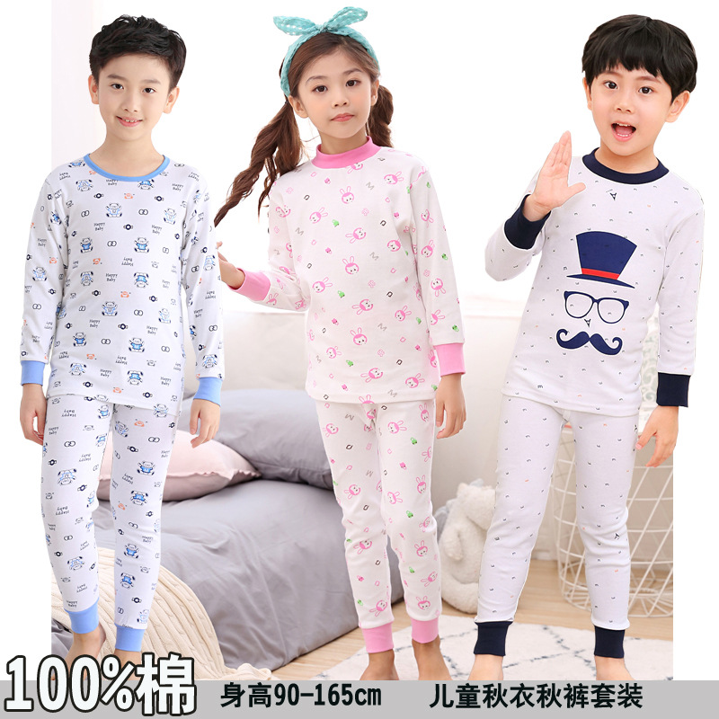 Primavera y otoño Algodón puro ropa de otoño para niños pantalones largos traje niños y niñas ropa interior térmica 100% algodón pijamas suéter de algodón