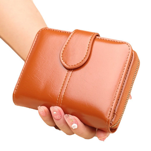 Women's short zipper coin purse oil wax leather coin bag small wallet card bag fashionable multi-card slot clutch Y007