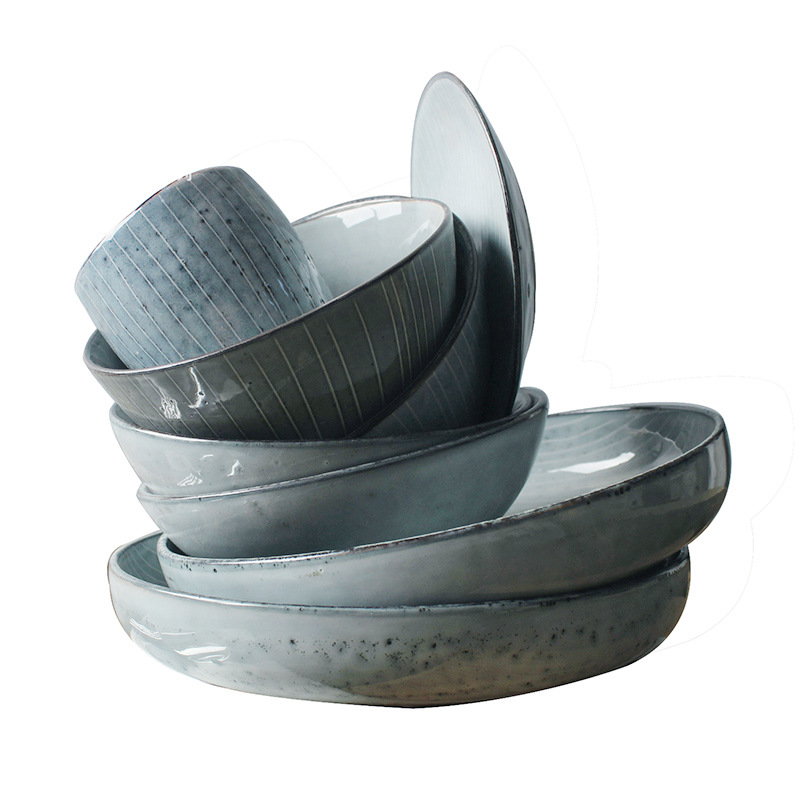 Creativo de forma especial a rayas de cerámica personalizada vajilla hotel restaurante cafetería ensalada de frutas plato fabricante