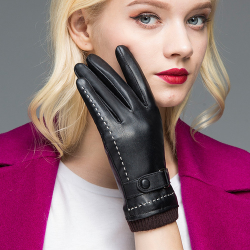 Leather gloves for women in autumn and winter, thickened with velvet, warm and fashionable, sheepskin pattern leather U touch screen gloves for hand repair and driving