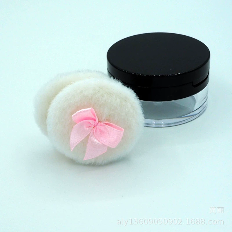 Powder Puff Short Plush 50×10 mm with Bow, White, Soft Elastic Applicator