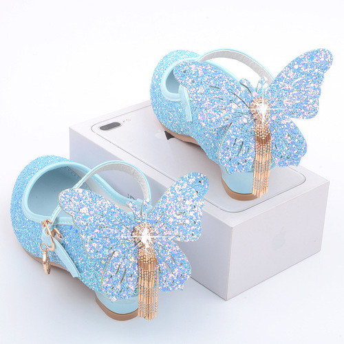 Factory direct sales of new girls' high heels, Princess Elsa leather shoes, spring and autumn Korean version of Frozen shoes, sequined children's shoes