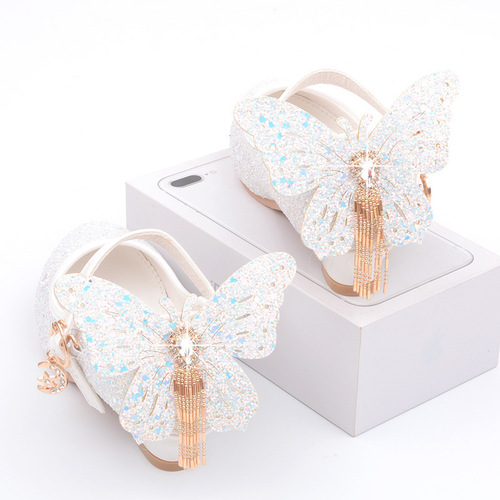 Factory direct sales of new girls' high heels, Princess Elsa leather shoes, spring and autumn Korean version of Frozen shoes, sequined children's shoes