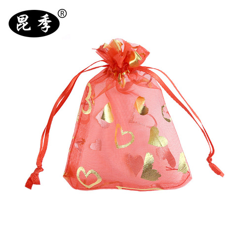 Gold Foil Peach Heart Shape Pattern Gathered Mouth Fabric Bag Pearl Mesh Bag Hand Jewelry Using Cosmetics Trial Bag Small Size
