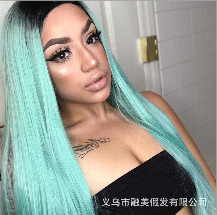 European and American wig peacock green dyed gradient medium long straight hair high-grade chemical fiber prosthetic cover Matt wig cross-border