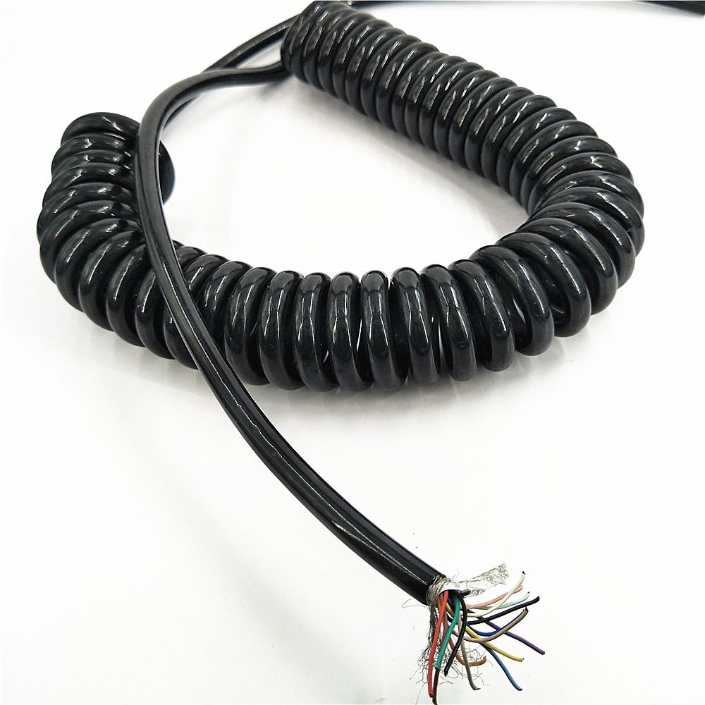 多芯加铝箔加编织弹簧线 抗干扰屏蔽螺旋线  4芯带地线PU弹弓线