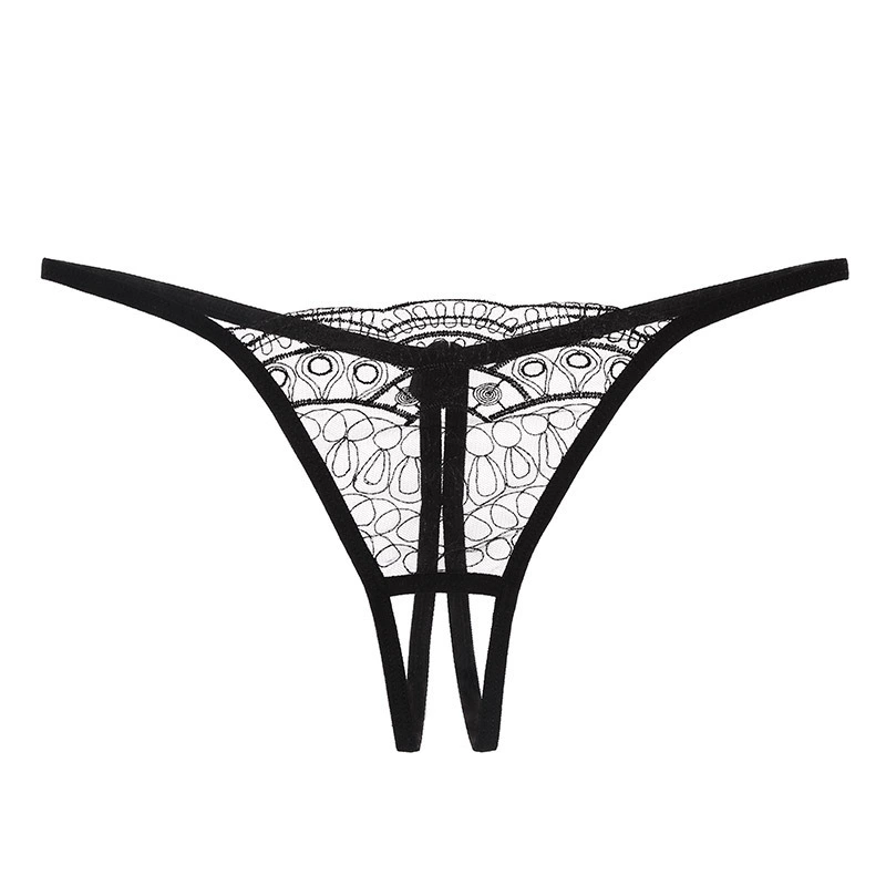 Semi‑cup embroidered mesh bra and thong set, black, adjustable straps, one size
