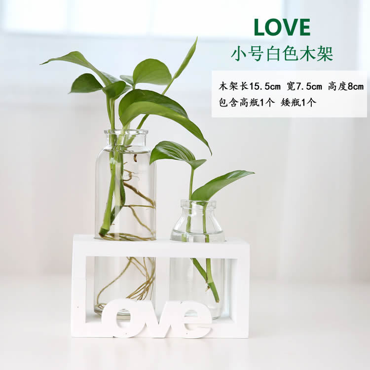 Soporte de madera creativo florero de vidrio hidropónico planta de rábano verde decoración de escritorio transparente Pequeño contenedor decoración de escritorio de oficina