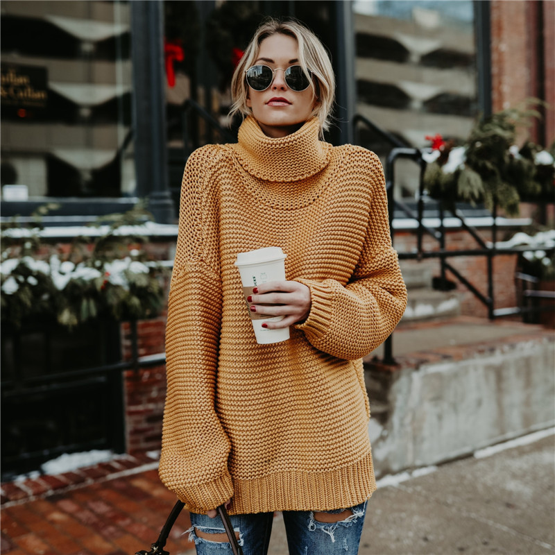 2023 otoño e invierno europeo y americano Amazon eBay popular color sólido suéter de manga larga cuello alto suéter de las mujeres entrega de una sola pieza