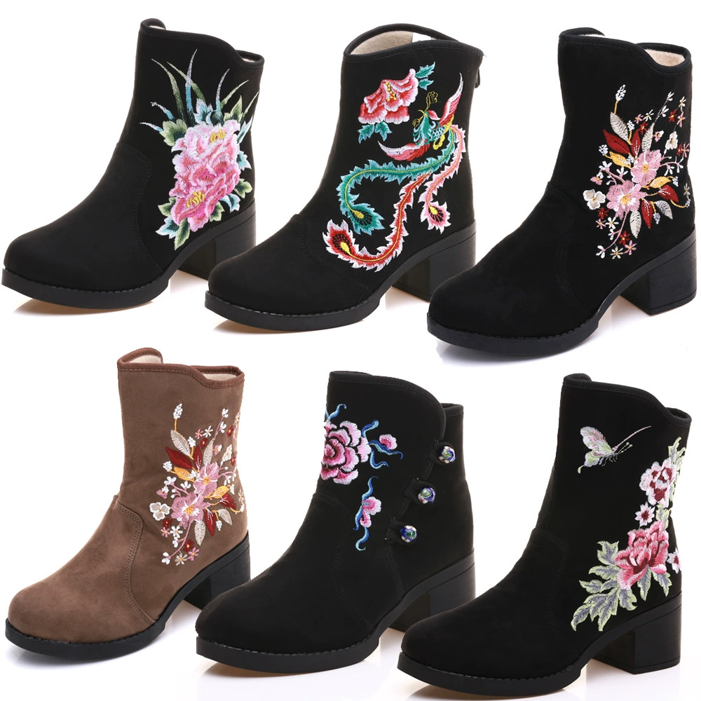 Хлопковые сапоги Осенне-зимние Хлопковые женские сапоги на высоком каблуке с флисовой подкладкой Хлопковая обувь Короткие сапоги Зимние сапоги Ботинки из ткани с вышивкой