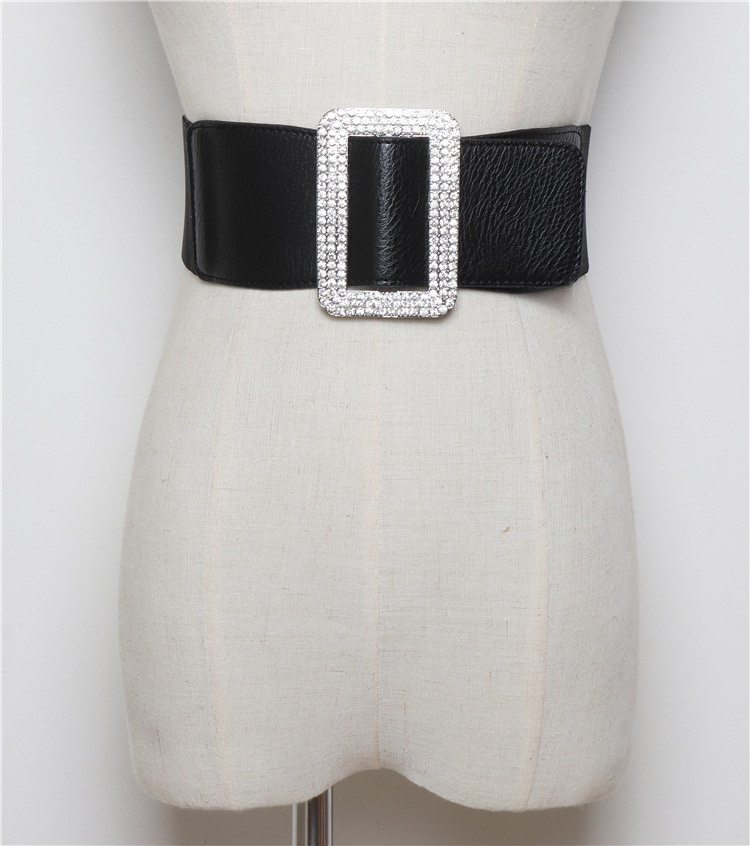Moda todo partido flash diamante plata hebilla cuadrada cintura elástica pu cuero corsé cinturón con vestido ancho cintura sello de una sola pieza entrega