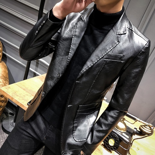 Autumn Men's Leather Jacket Suit Casual Blazer Korean Style Slim Collar Leather Suit Jacket Men Fashion