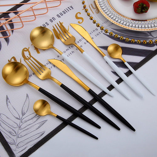 304 stainless steel tableware Portuguese same style knife, fork and spoon Western food tableware set brushed black and white gold four-piece set