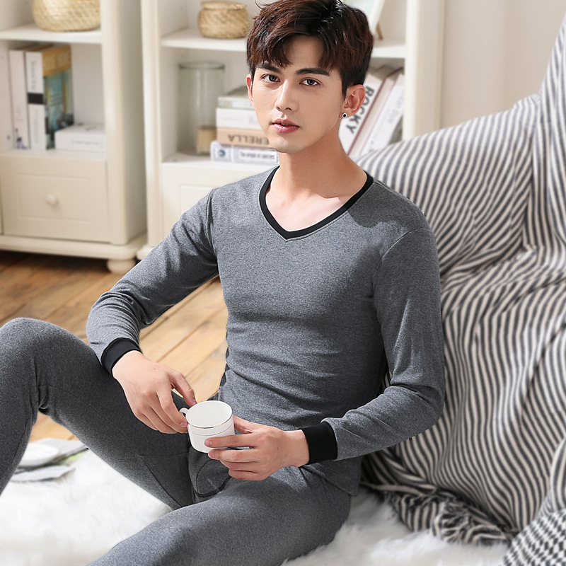 Autumn Clothes and Pants Men's Cotton Suit Thin Men's V-neck Contrast Color Slim-fit Thermal Underwear Cotton Sweater for Youth