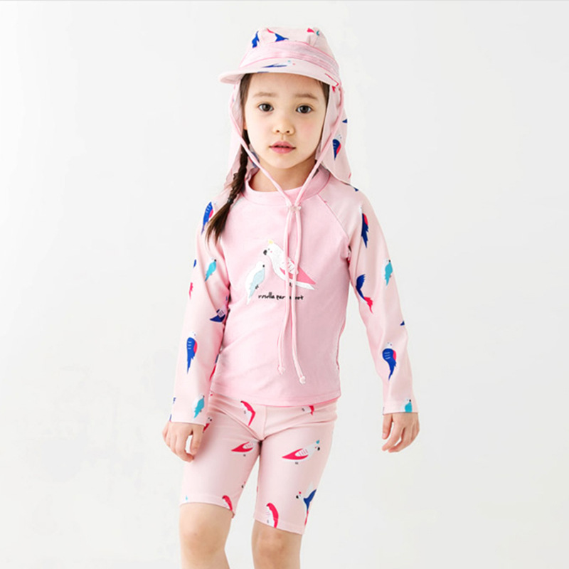 Children's Swimwear Girls' Large Children's Split Long Sleeve Sun Protection Parrot Korean Girls' Swimwear Toddler Baby Swimwear