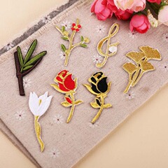 Embroidered patch with gold thread rose and lily for DIY clothing decoration