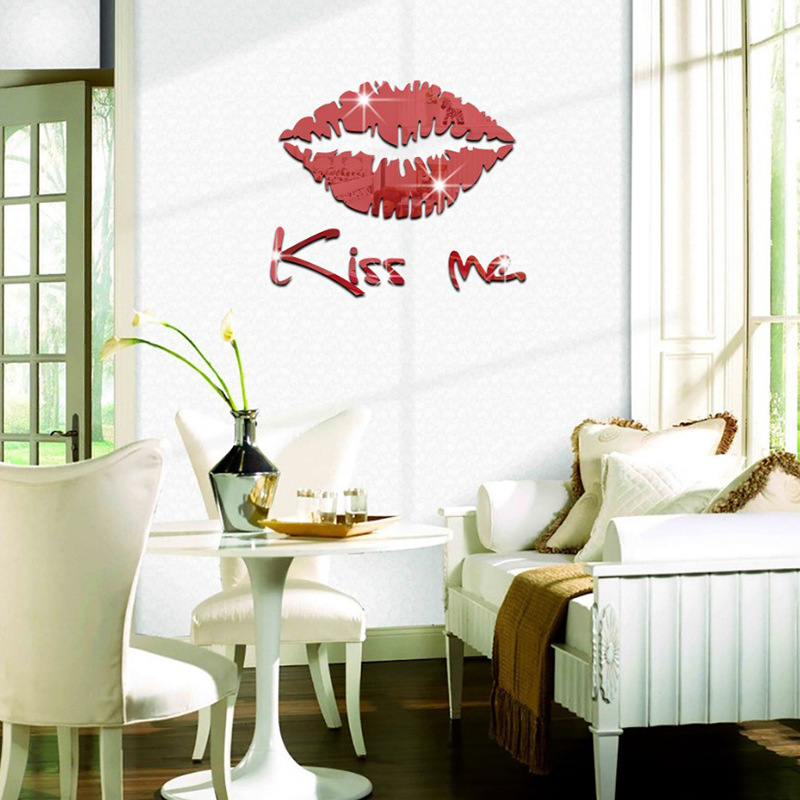 Sticker mural miroir 3d lèvres rouges pour chambre et salon_voghion.com