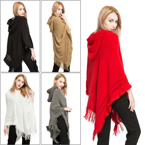 Autumn and winter women's tasseled large size sweater with hat wholesale new imitation cashmere AliExpress best selling cape shawl