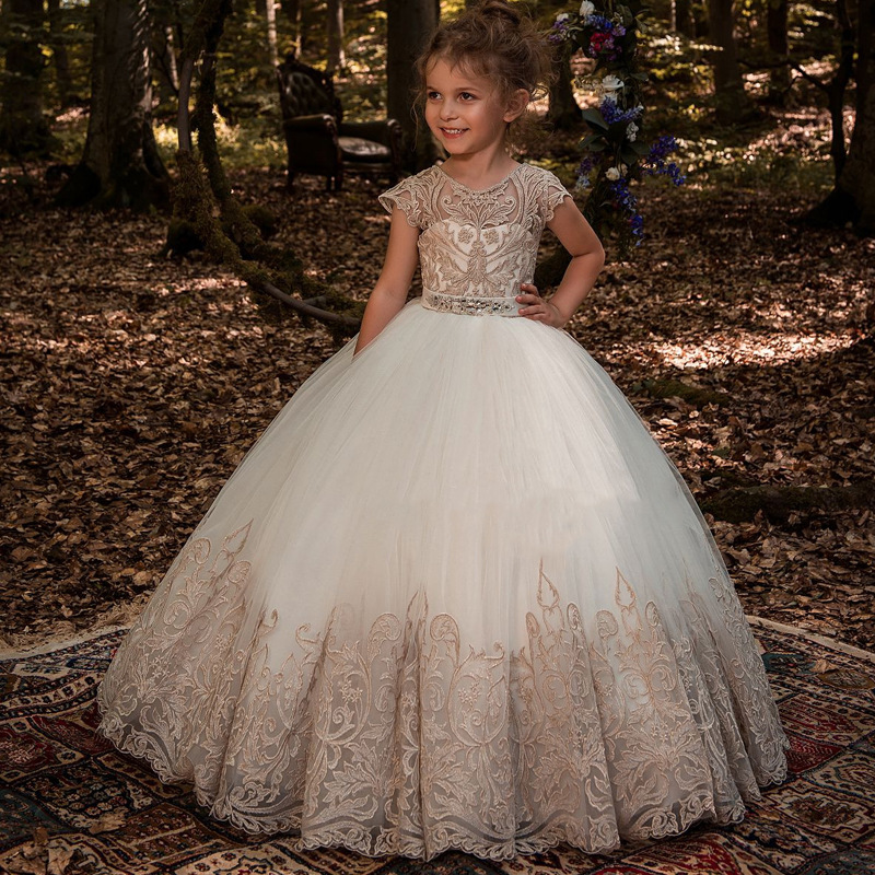 Nueva oferta de comercio exterior transfronterizo falda de flores para niños encaje sin mangas rendimiento anfitrión vestido de princesa hinchada para niña