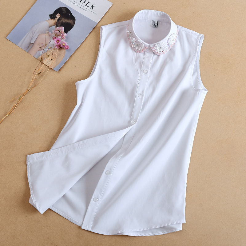 Spring and Summer new Korean style sleeveless shirt sequined decorative lapel women's all-match shirt collar bottoming shirt inner top