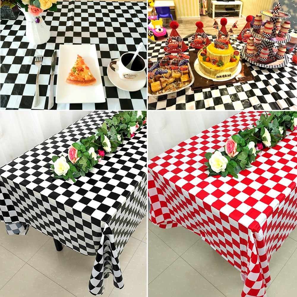 Pe Rectangular Disposable Tablecloth Thickeneded Western Restaurant Party Plastic Disposable Tablecloth F1 Racing Black and White Checkered