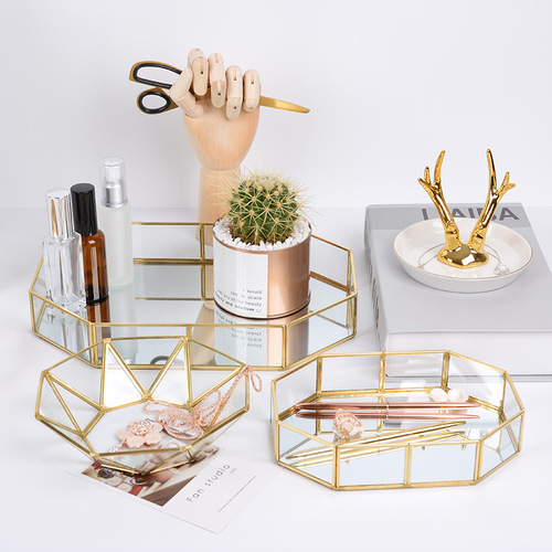 Nordic Instagram-style glass storage tray, golden vintage polygonal mirror-finish tray, brass desktop cosmetic organizer