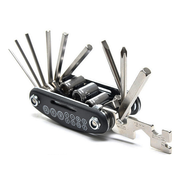 Herramienta de combinación de reparación de bicicletas 16 en un juego de destornillador multifunción plegable llave de reparación de neumáticos de coche manga