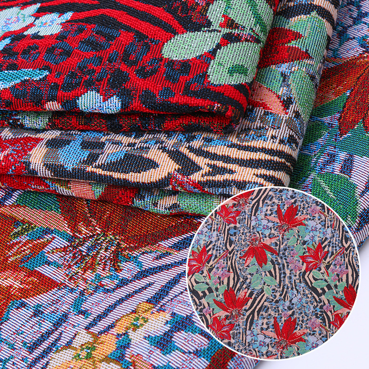 厂家直销 全涤民族风提花布料 箱包靠垫坐垫抱枕植物提花面料