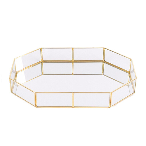 Nordic Instagram-style glass storage tray, golden vintage polygonal mirror-finish tray, brass desktop cosmetic organizer