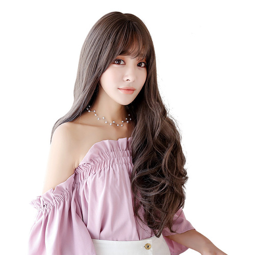Wig for women with long hair, slightly curly long curly hair, big waves, fluffy, natural and realistic Korean chemical fiber wig wig set