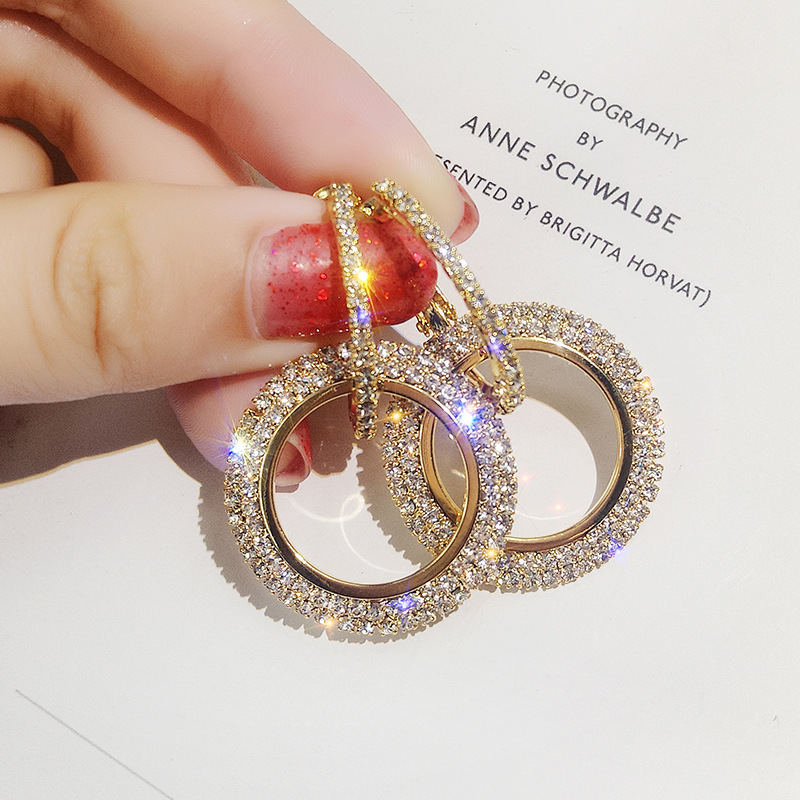 Pendientes largos de círculo con strass - Pendientes colgantes de personalidad estilo coreano - Pendientes exagerados europeos/americanos para mujer image 2